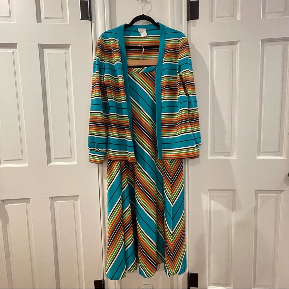 Vintage 60s 70s Striped Maxi Skirt and Jacket Rainbow Colors Stripes and Chevon